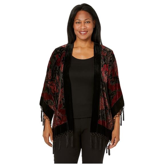 MSK Tops - MSK Petite Velvet Burnout Beaded Kimono Jacket Size M Gypsy Floral Tassels